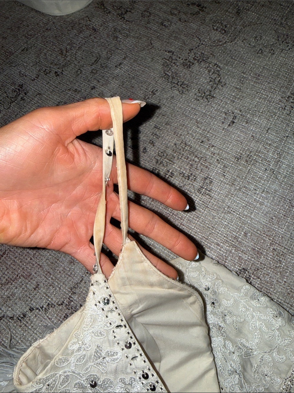 Custom Ivory Embellished Lace & Feather Mini Dress - Picture 8 of 11